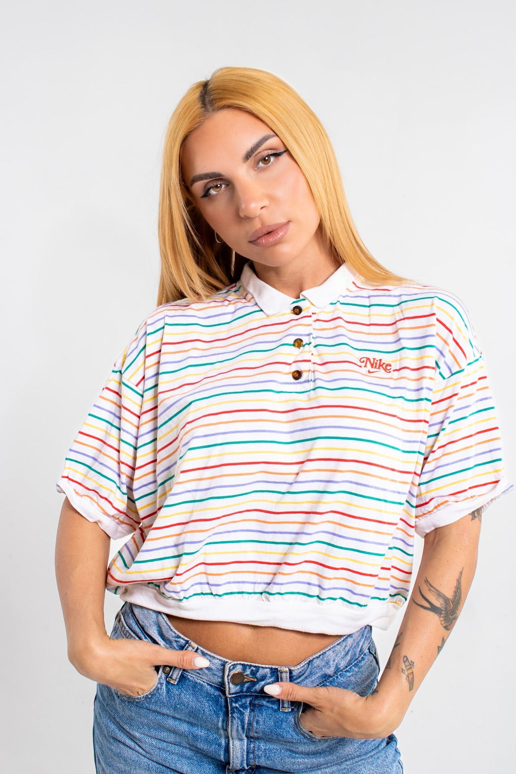 Nike multi stripe crop polo t-shirt